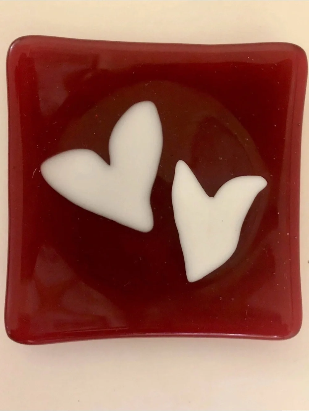 Red Fused Glass Trinket Dish with White Heart Accents